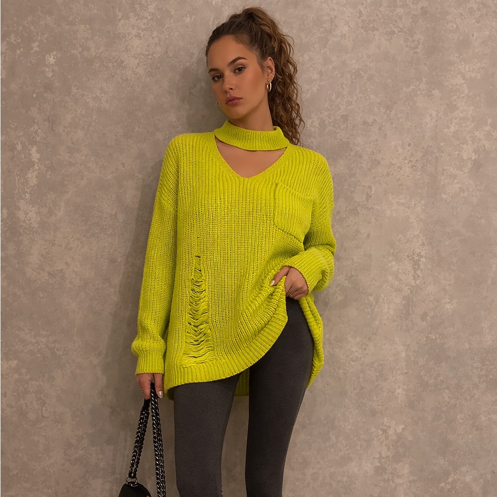 Sweet & Sinful Neon Green Distressed Knit Sweater XL  Cutout Oversized Pullover